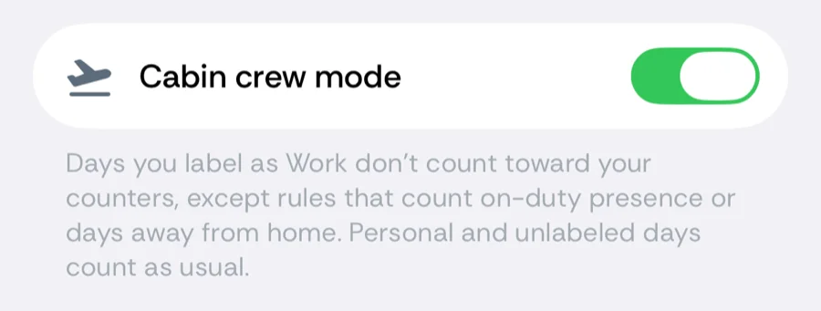 The Cabin crew mode card in Bounded's Settings with its toggle and footer text