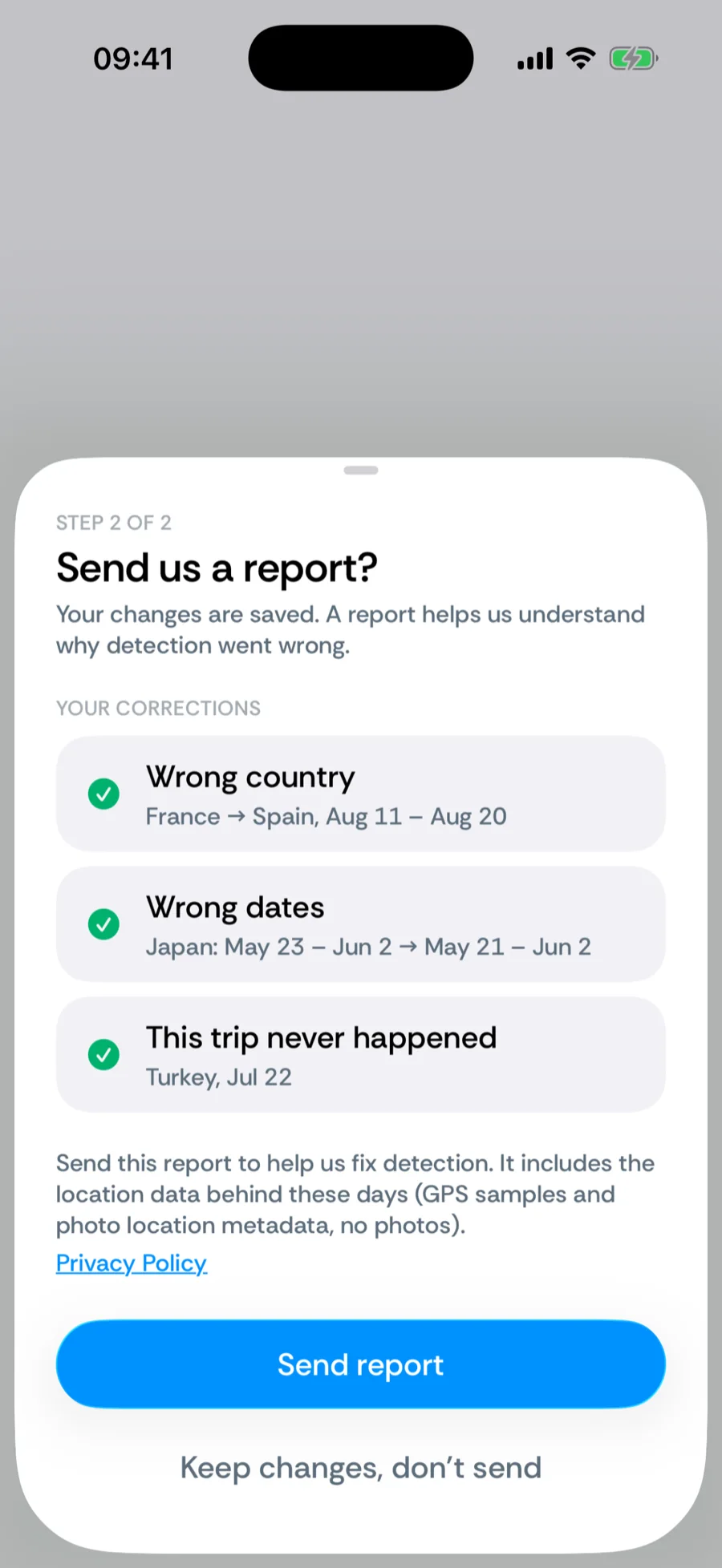 Step 2 of the Report this trip sheet: the recap of corrections with Send report and Keep changes, don't send