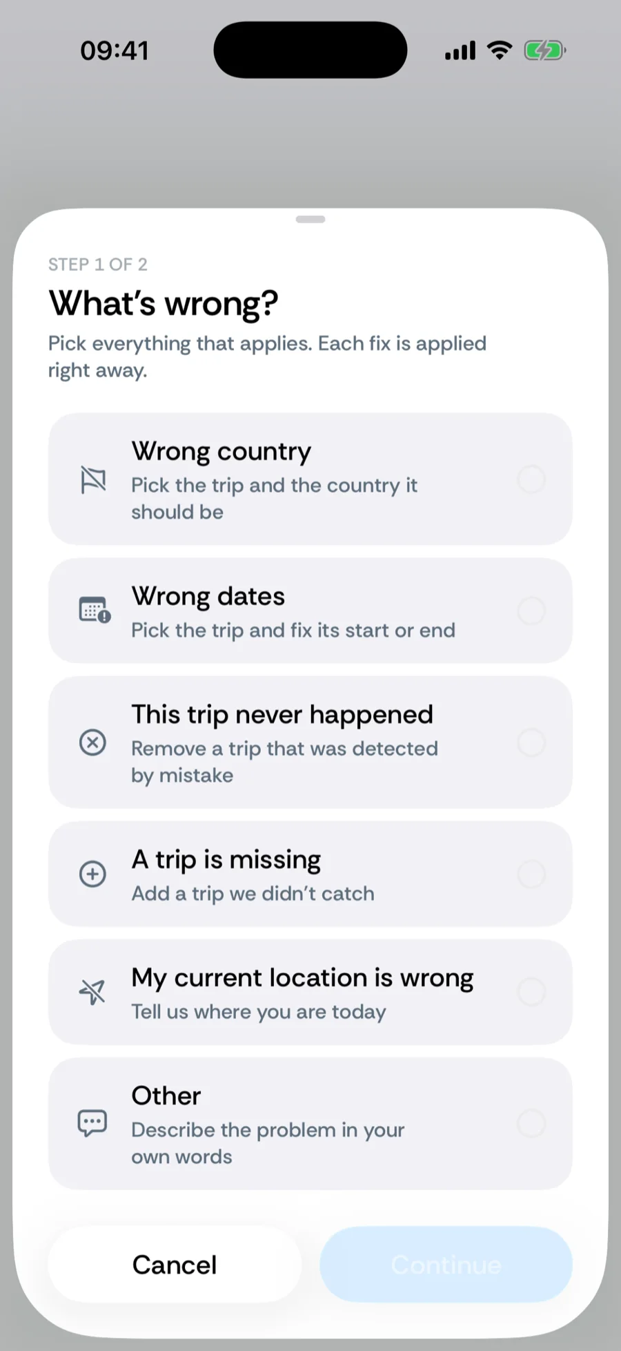 Step 1 of the Report this trip sheet: the What's wrong? checklist with six options