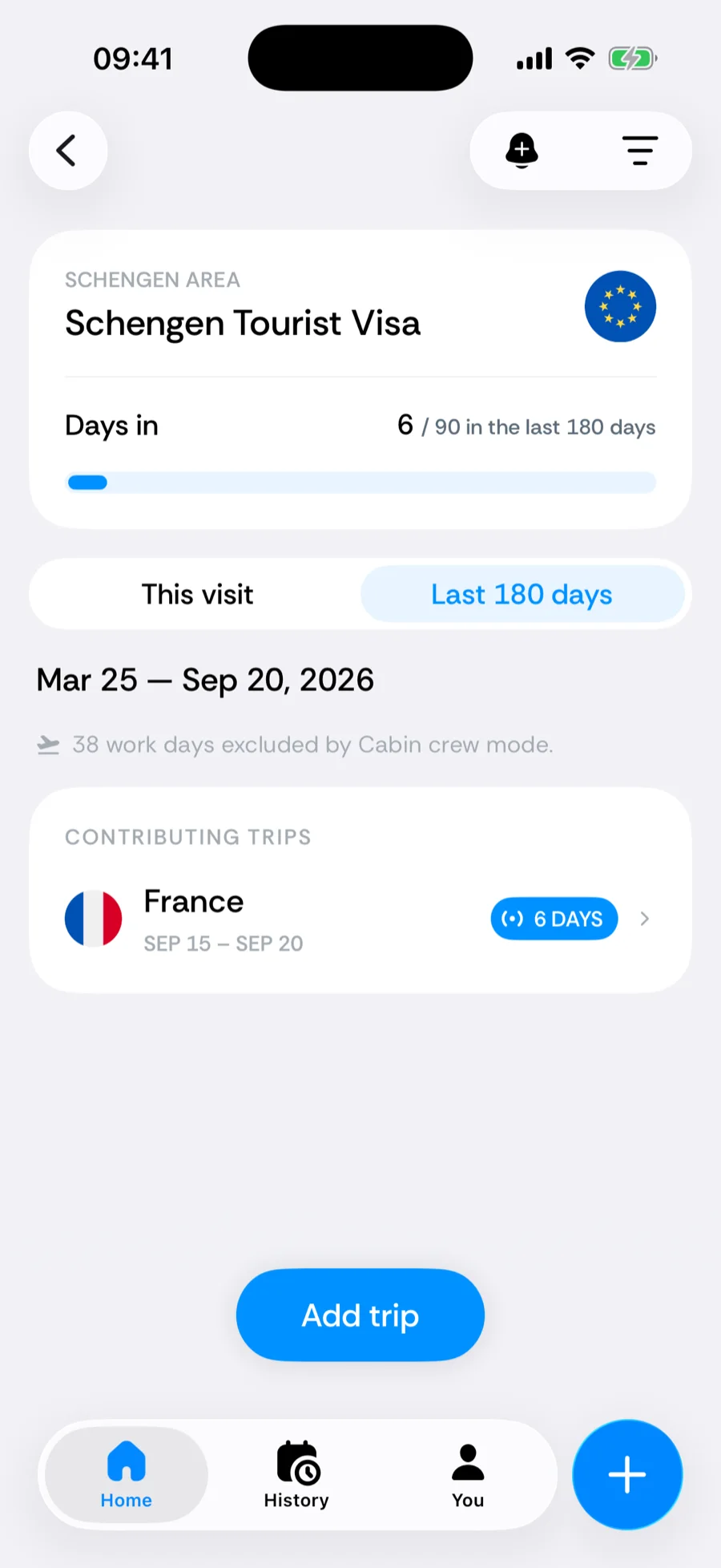A Schengen counter breakdown in Bounded showing the Last 180 days window with a footnote about excluded work days