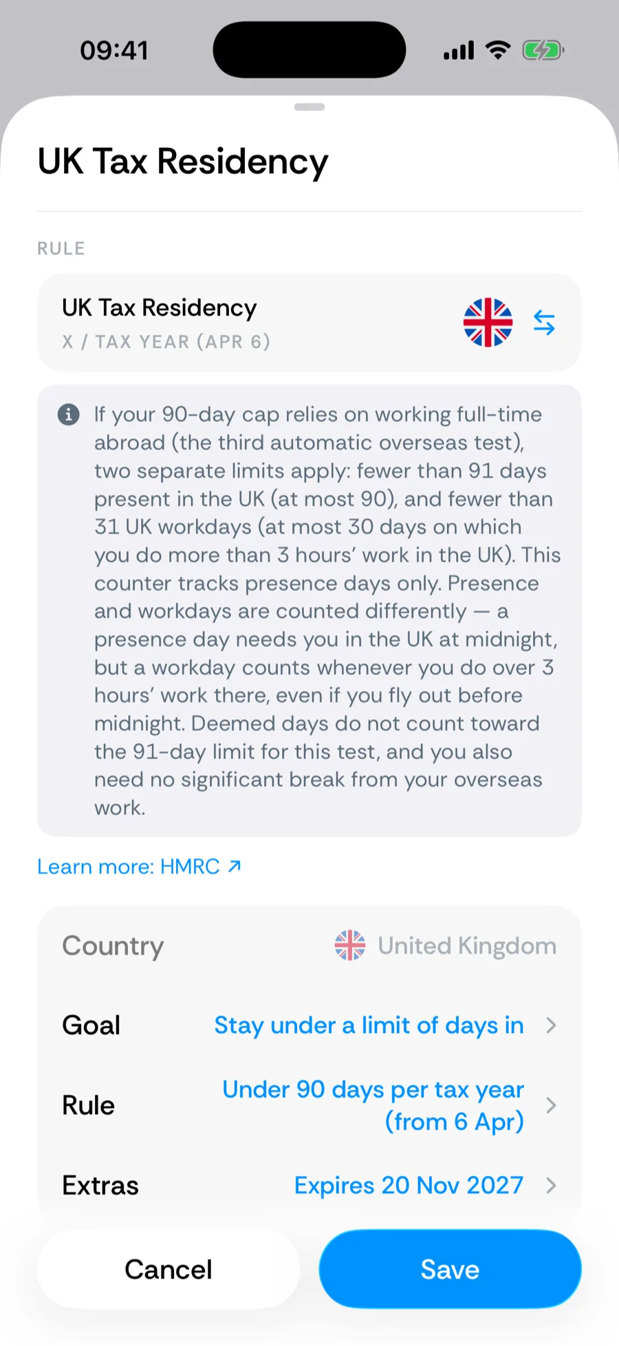 Le constructeur de compteurs de Bounded modifiant un compteur Résidence fiscale britannique existant : règle, objectif et une ligne Options avec une date d'expiration, plus Annuler et Enregistrer