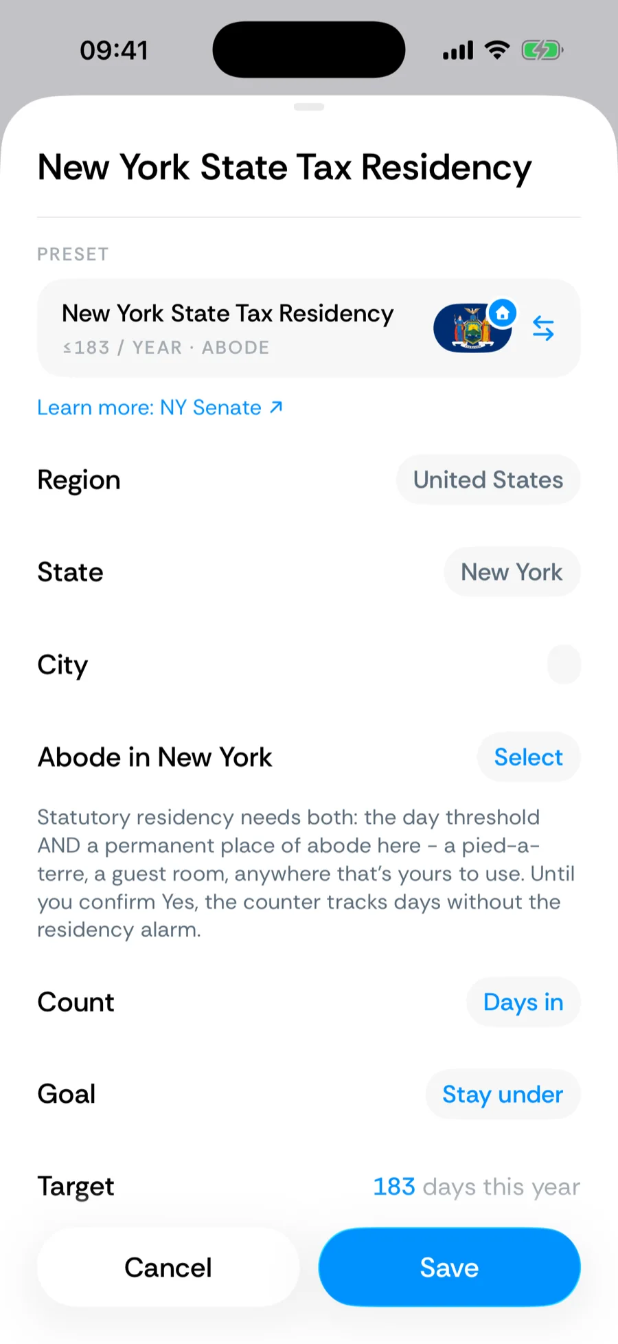 The New York State Tax Residency counter in Bounded's builder, with the Abode in New York question