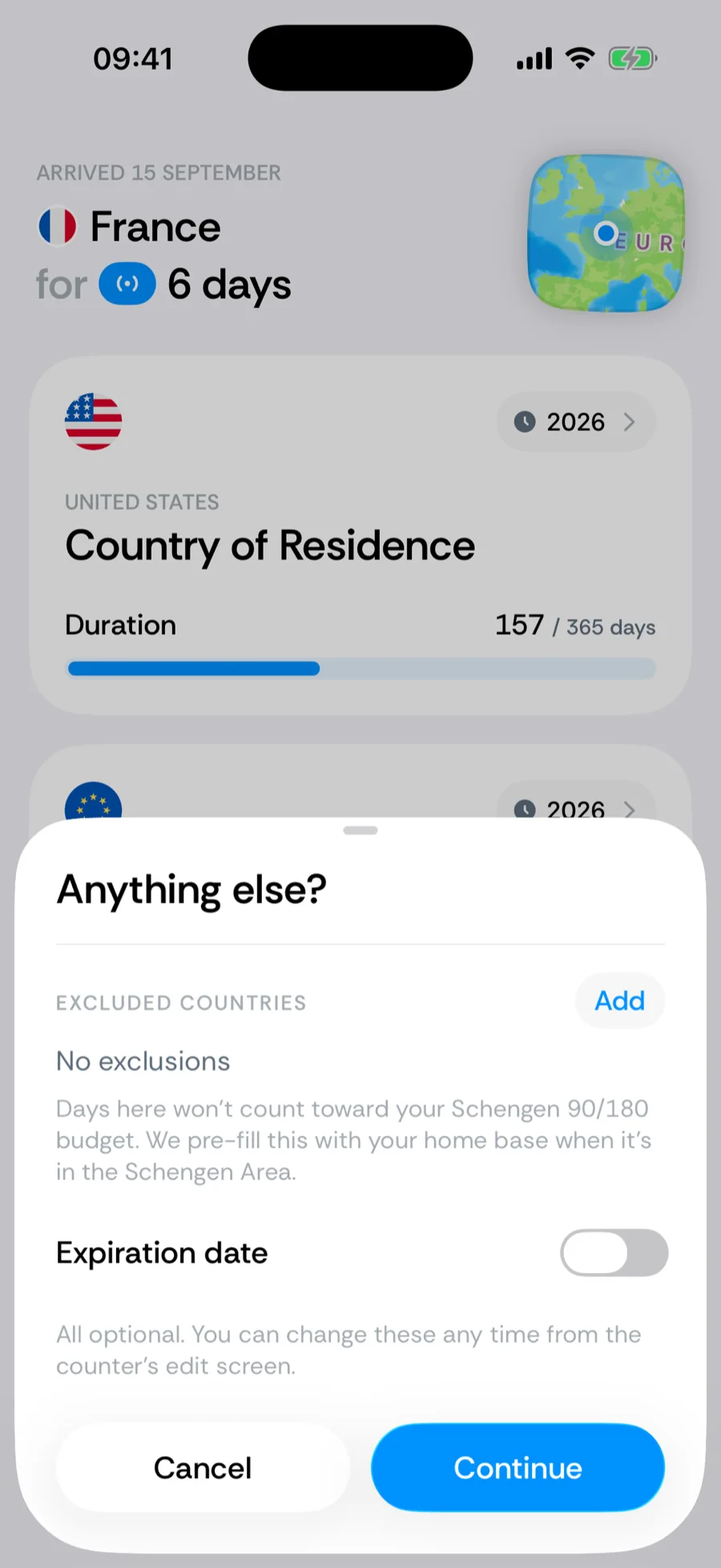 La dernière étape de l'ajout du compteur Schengen dans Bounded, intitulée Autre chose ?, avec une liste Pays exclus et un interrupteur Date d'expiration