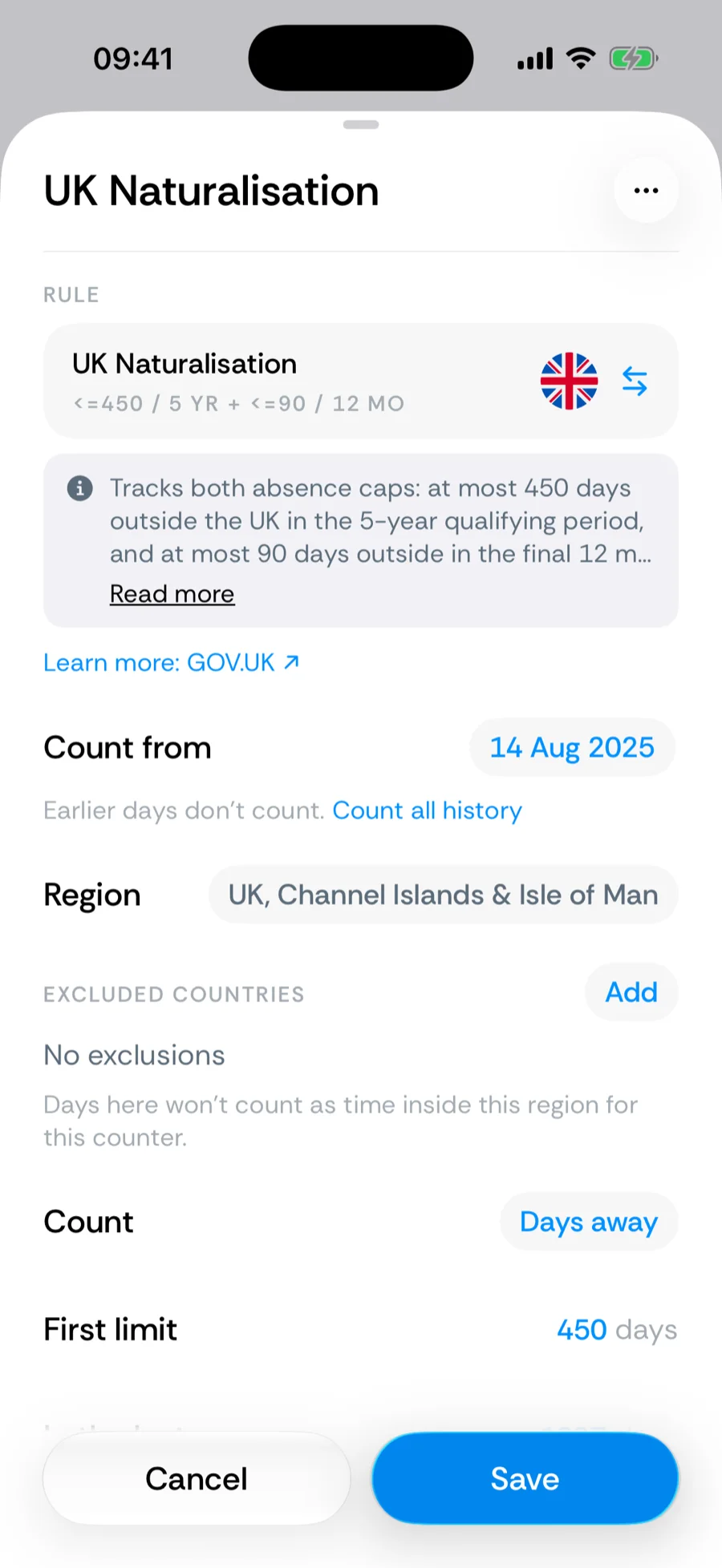 Bounded's counter builder for UK Naturalisation with a Count from row first, set to a date, above the Region row