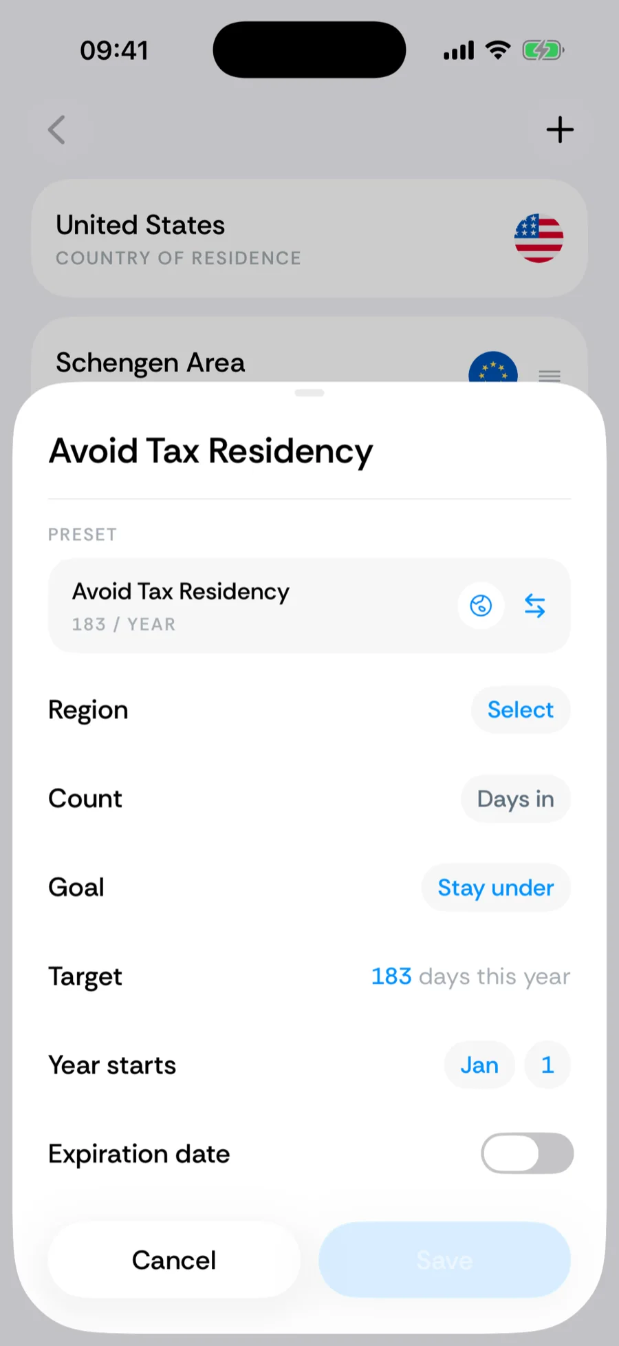 The Avoid Tax Residency preset in the builder with editable Target and Year starts fields