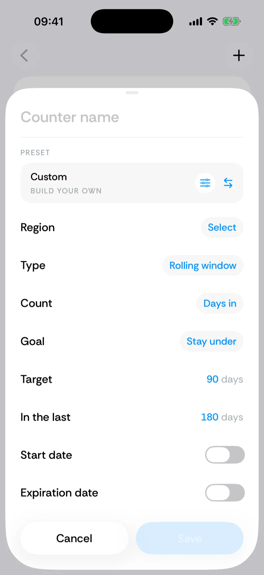 Bounded counter builder with region, type, direction, and goal fields