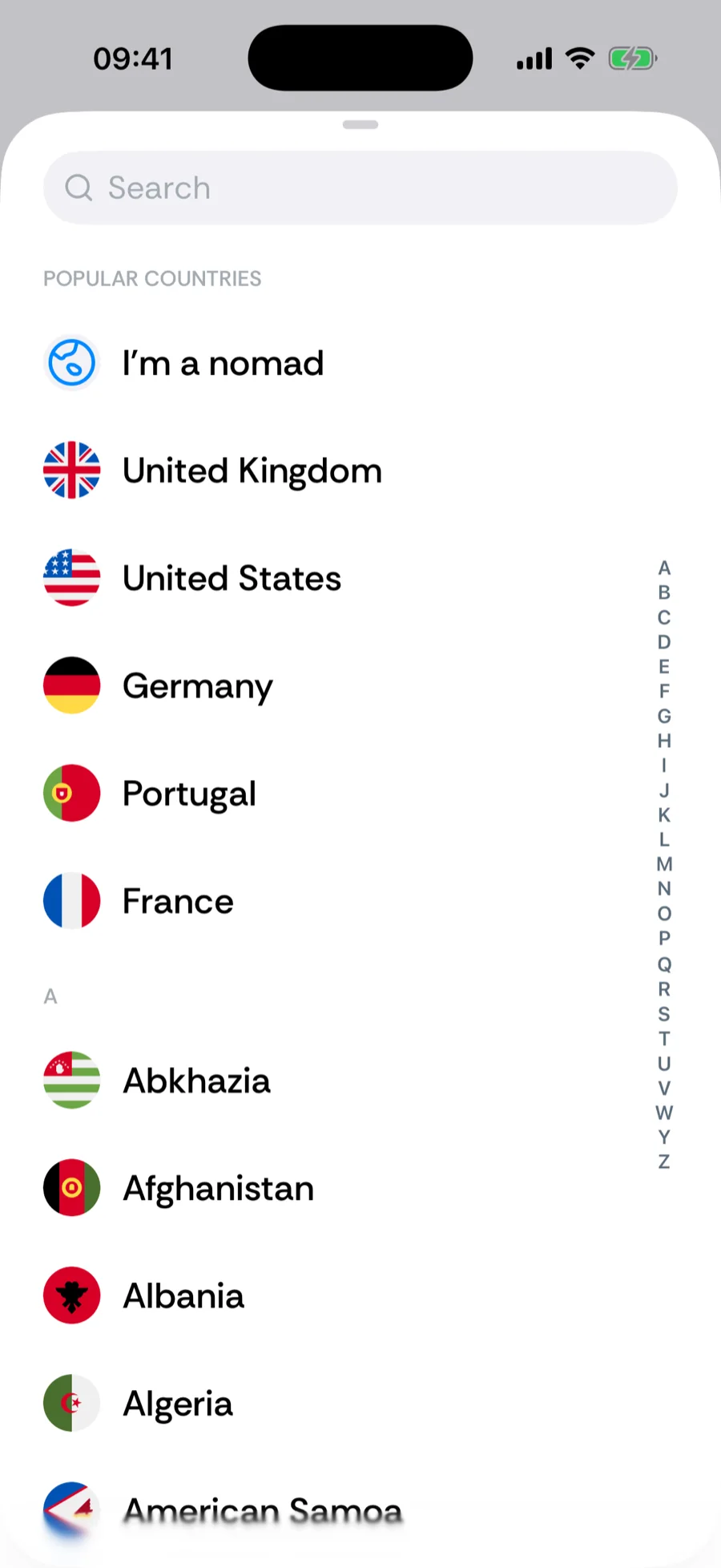 Bounded's country of residence picker with the I'm a nomad option on top