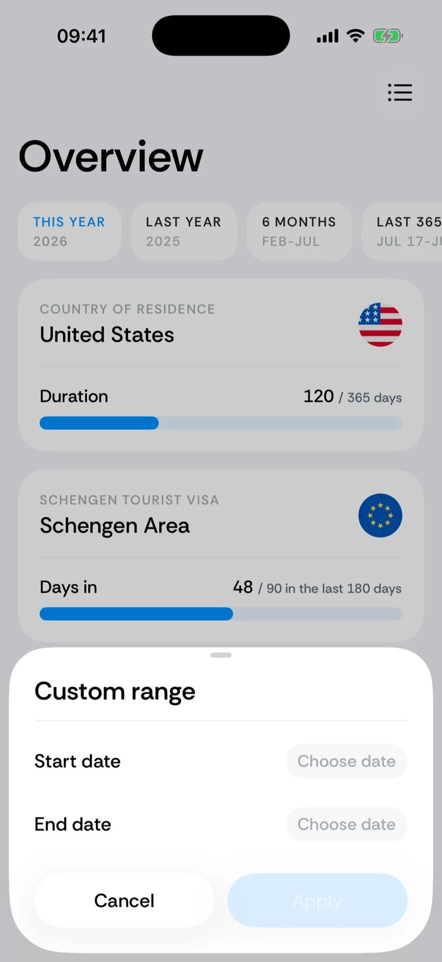 Bounded's custom range sheet with start and end date fields