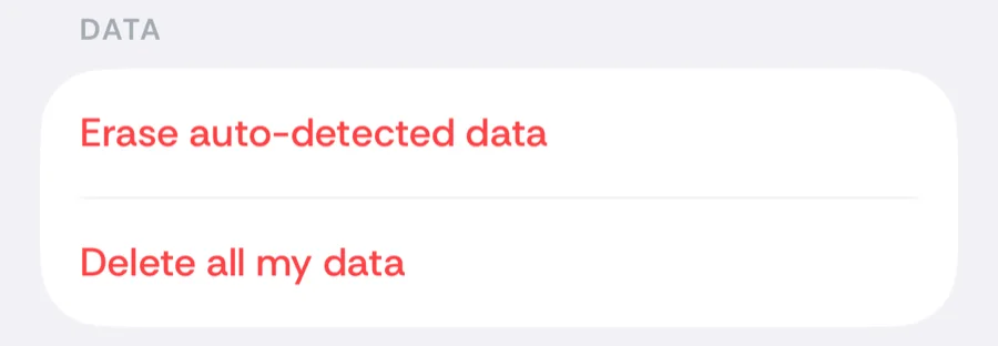 The Data section of Bounded's Settings with Erase auto-detected data and Delete all my data rows