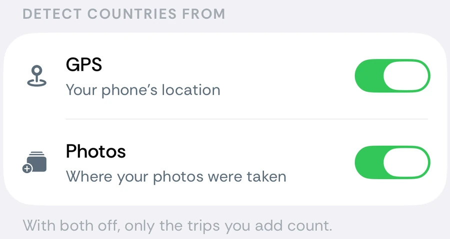 Bounded's GPS and Photos switches in Settings