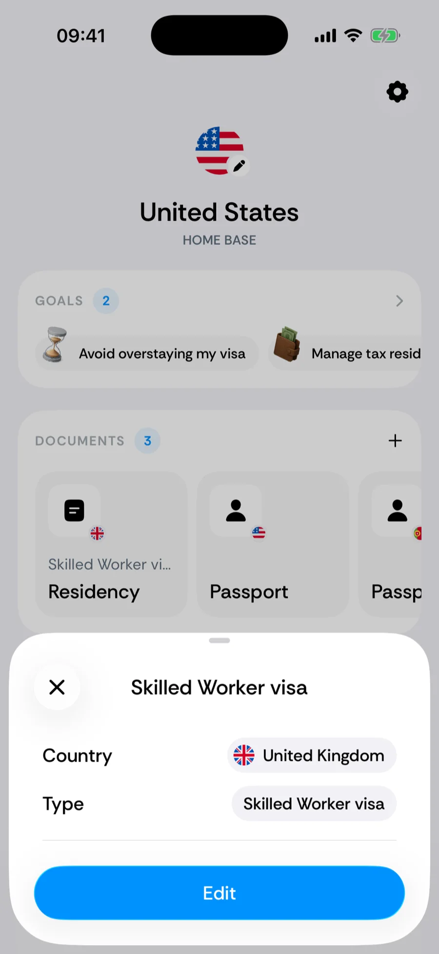 A travel document's detail sheet in Bounded showing its country, type, and dates