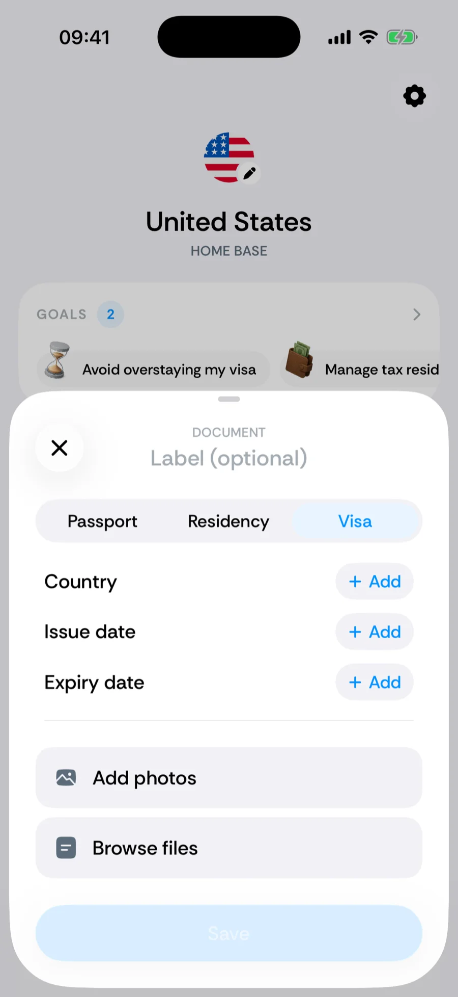 Bounded's add document sheet with kind, country, and date fields