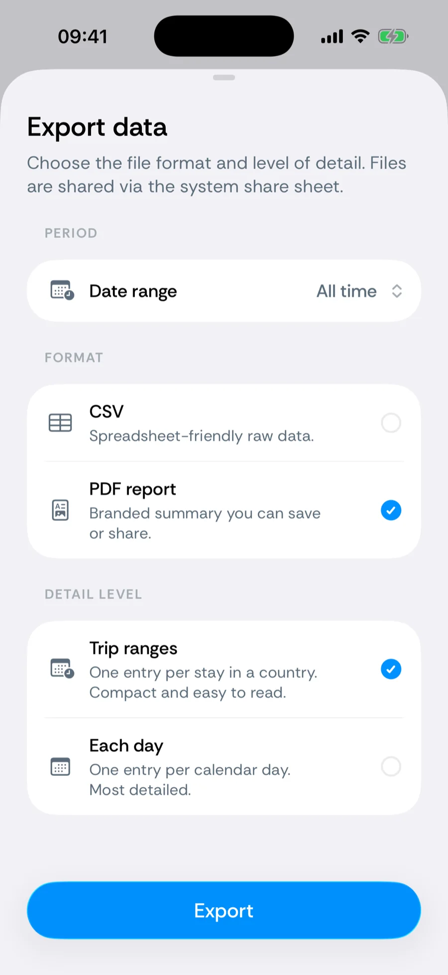 Bounded's export sheet with CSV format and the trip ranges vs each day detail levels