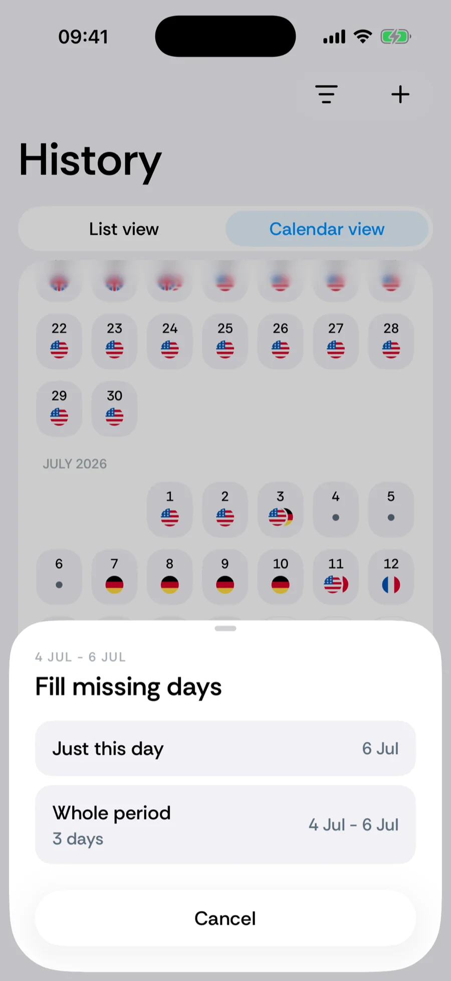 The Fill missing days sheet in Bounded's calendar, offering just-this-day or whole-period options
