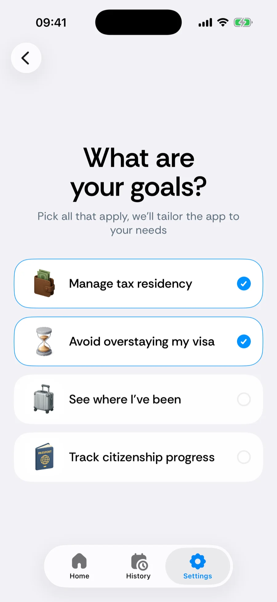 Bounded's goal selection screen with visa and tax residency goals selected