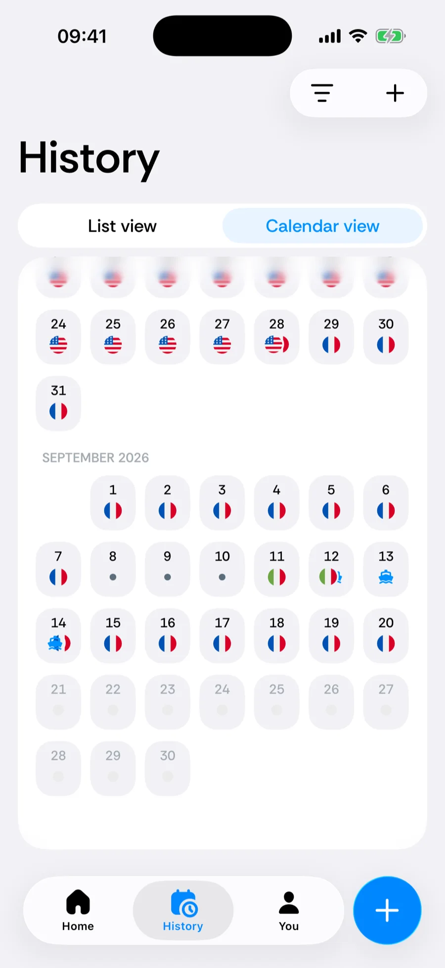 Bounded's History calendar with a run of days marked International Waters and the ship glyph