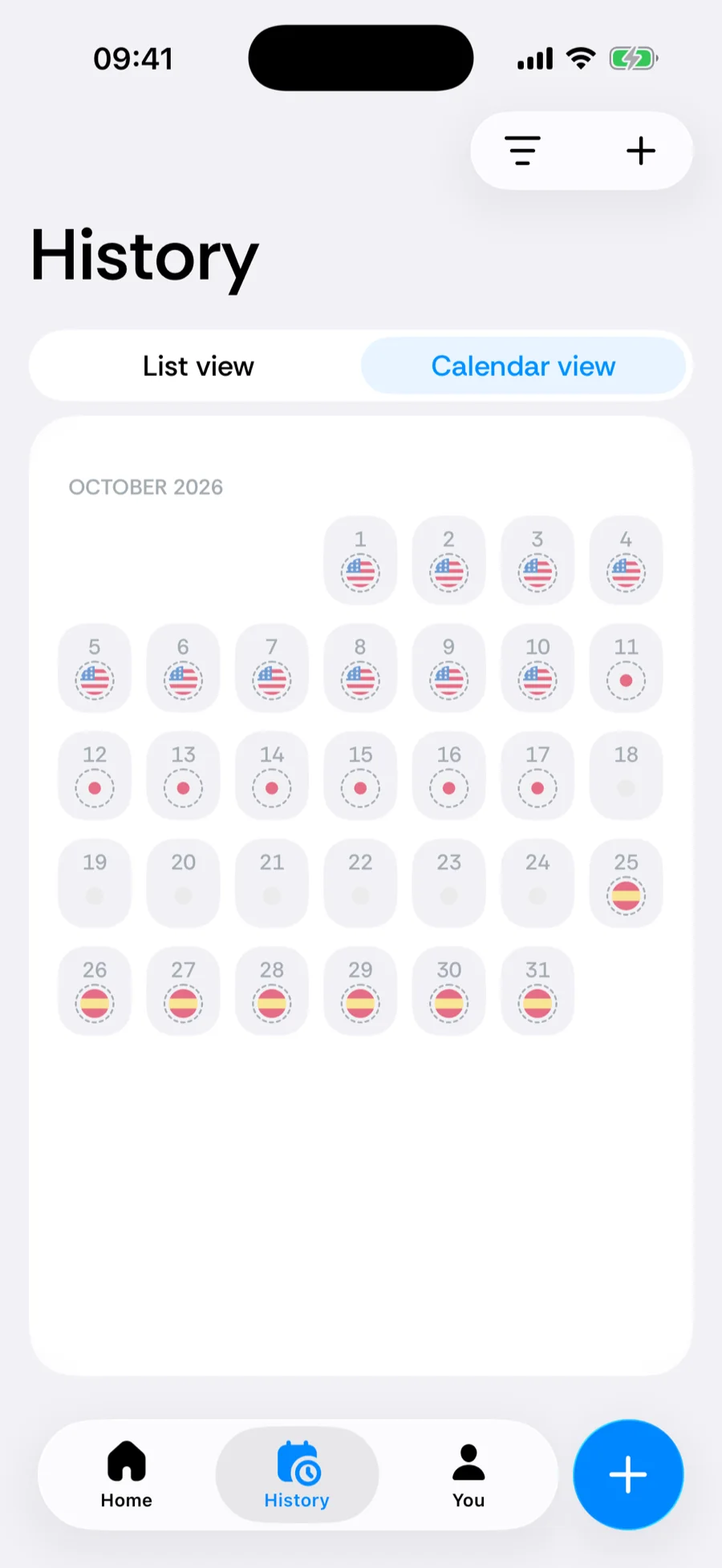 Bounded's History calendar with future days filled in for a planned trip