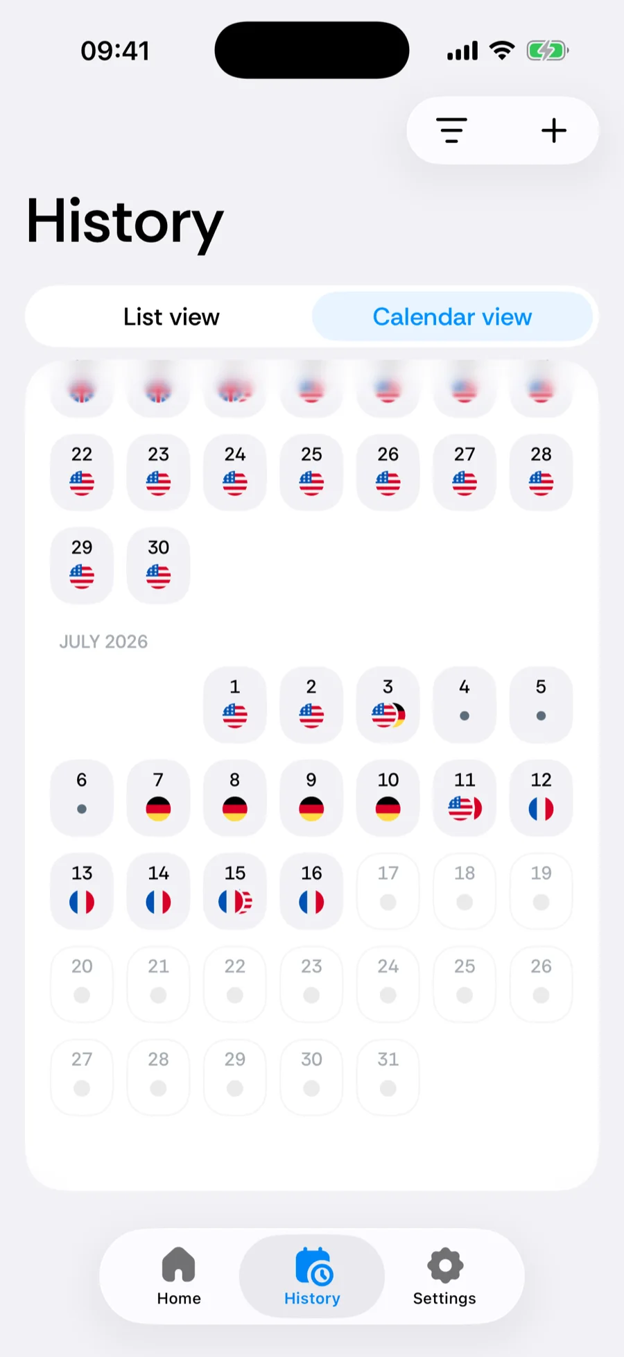 Bounded's History calendar with a transition day showing a split two-country flag