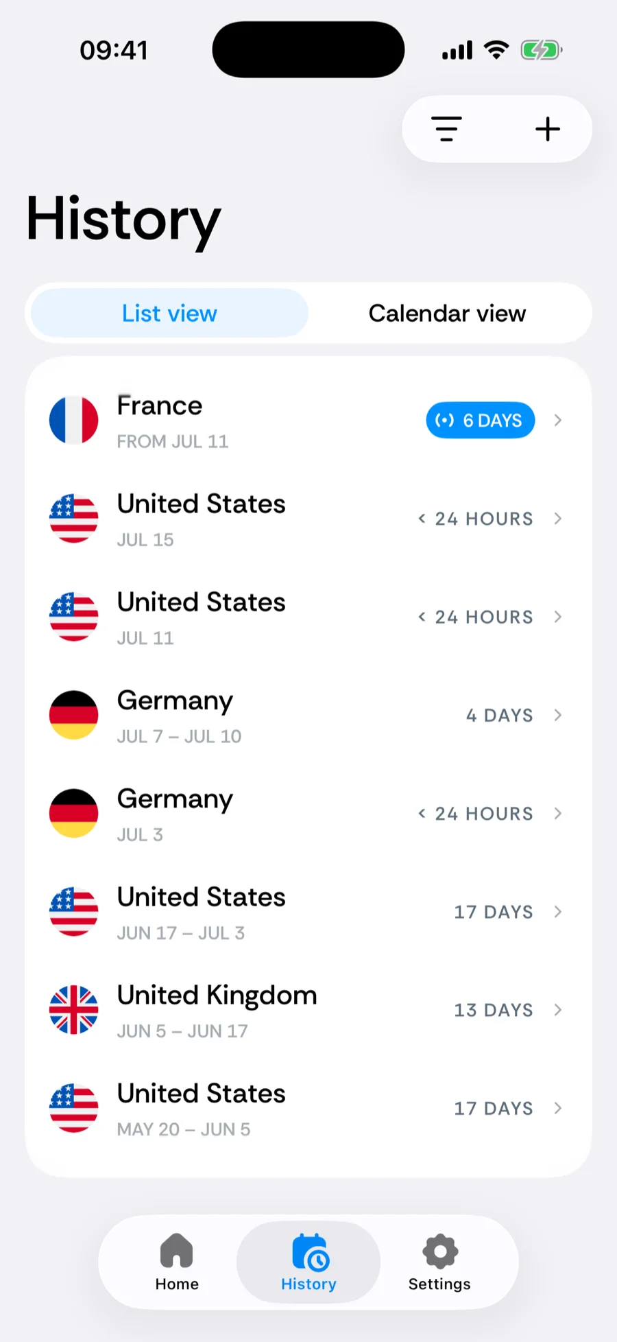 Bounded history list showing the trips reconstructed from photos, country by country