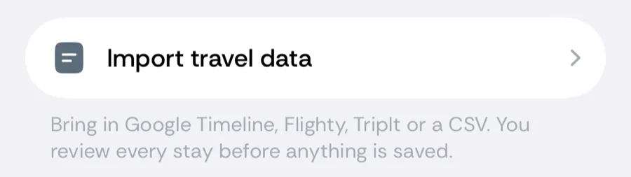 The Import travel data row in Bounded's Settings, with a footer naming Google Timeline, Flighty, TripIt and CSV