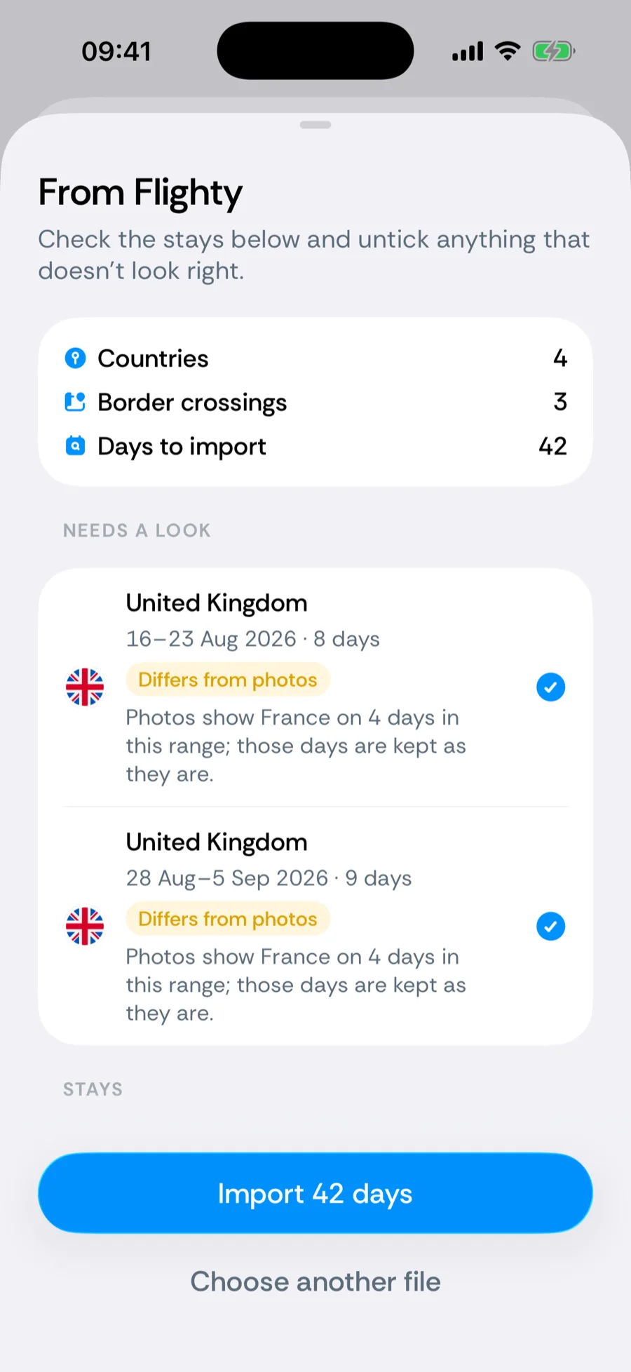 Bounded's import review screen titled From Flighty, with the Needs a look and Stays sections and the Import days button