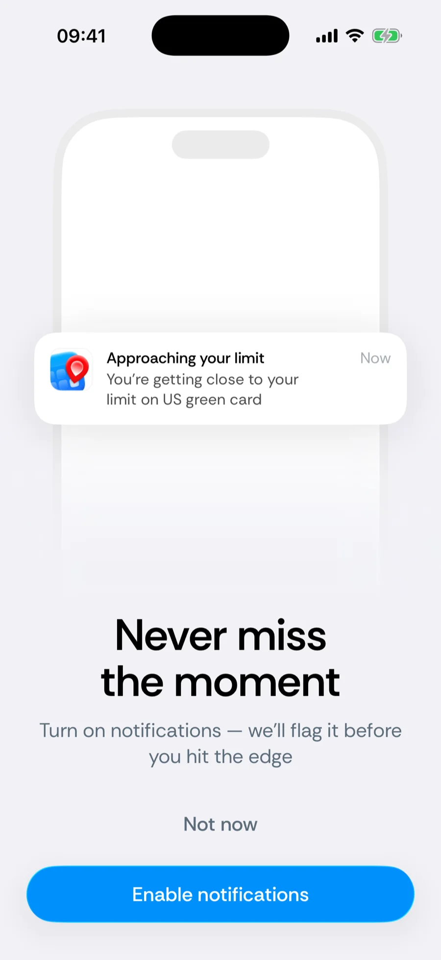 Bounded's notification prompt showing an example approaching-your-limit alert