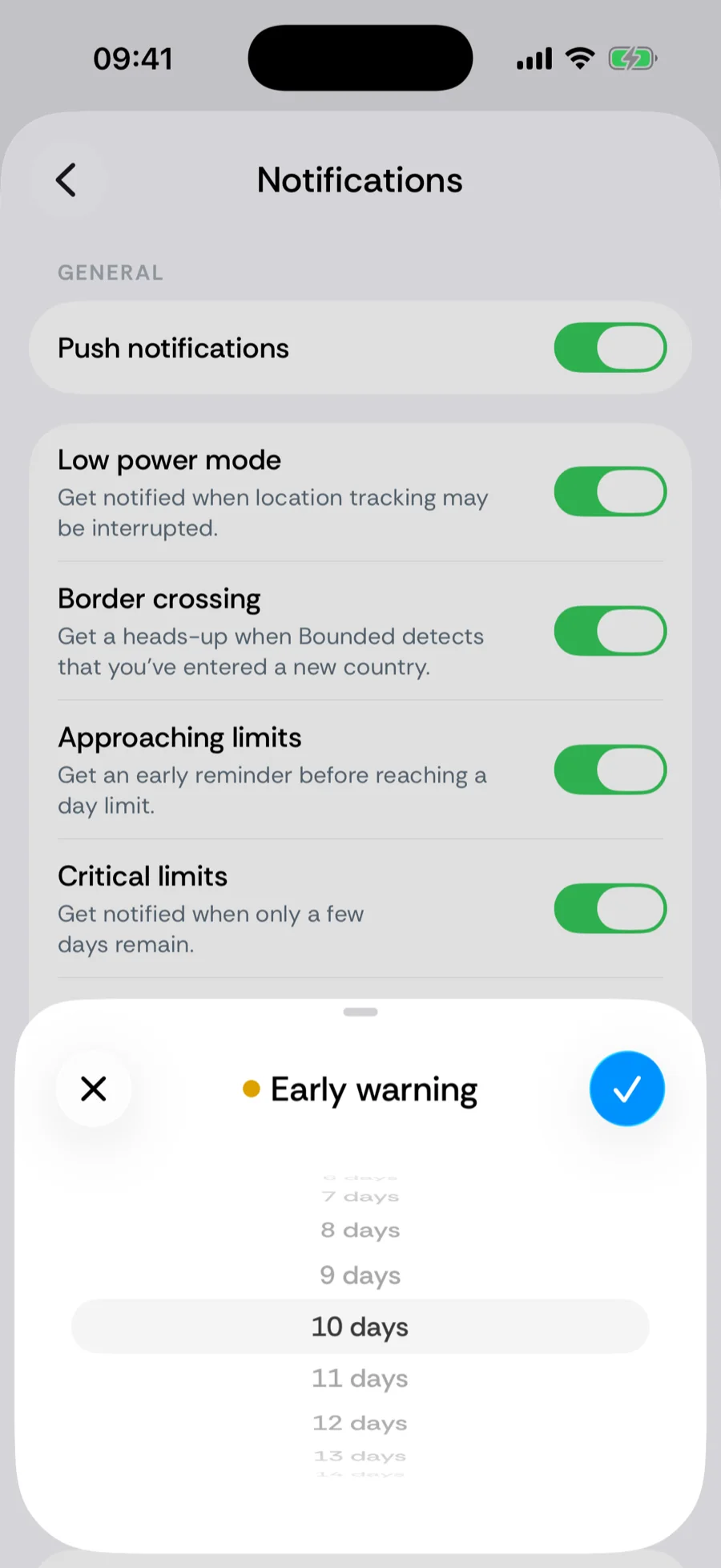 The early warning timing picker in Bounded's notification settings