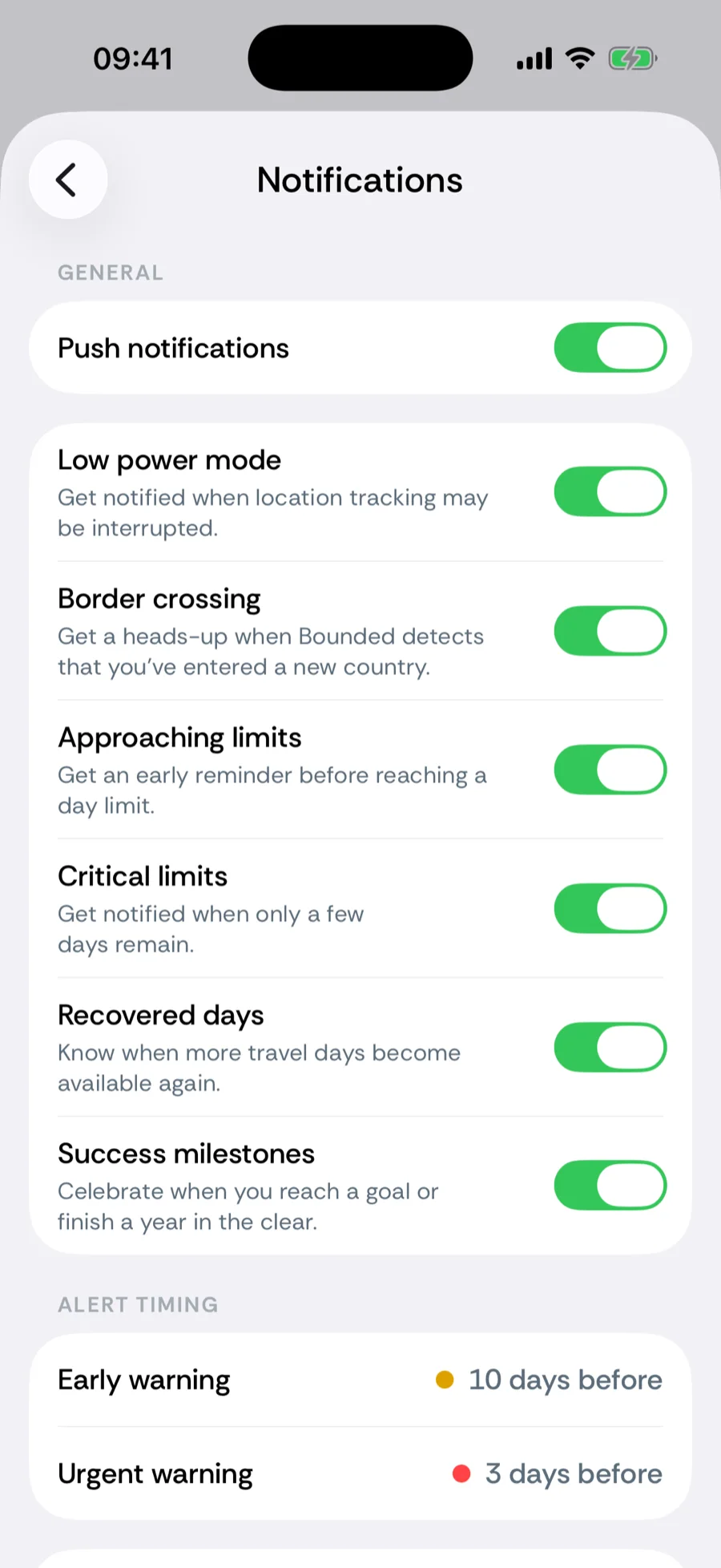 Bounded's Notifications settings with the push toggle and alert type switches