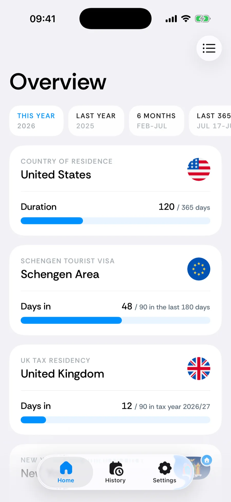 Bounded Home tab after setup with a residence card and day counters