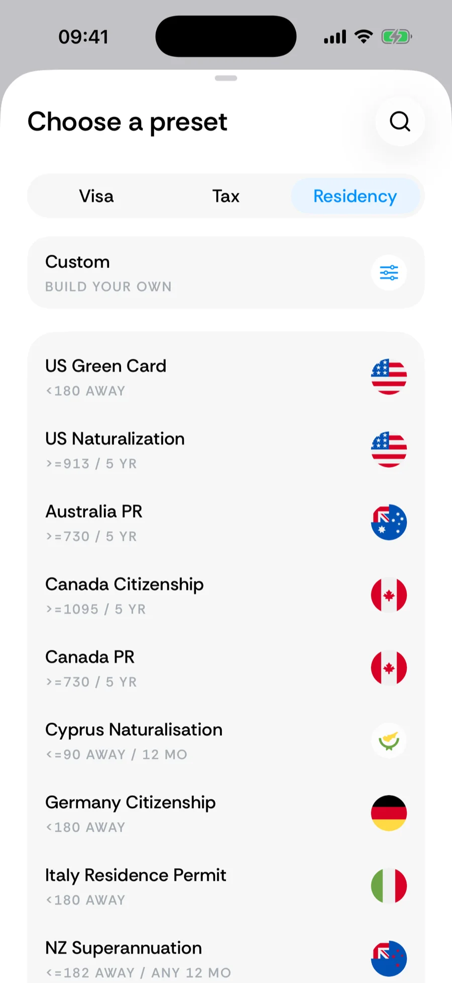 Bounded's preset picker on the Residency tab: Green Card, naturalization, and PR presets