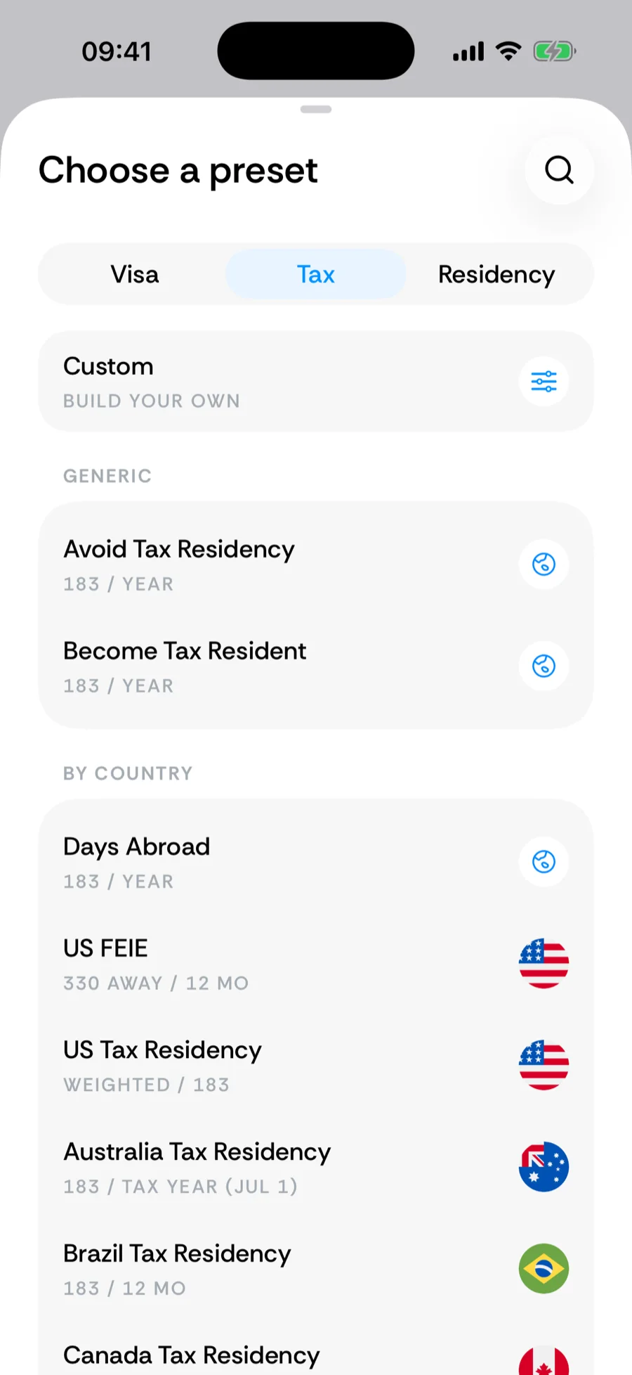 Bounded's Tax presets including US FEIE with its 330 days away in 12 months rule