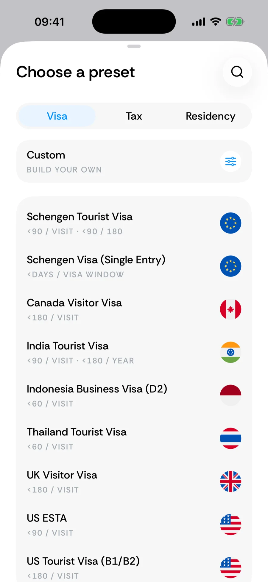 Bounded preset picker with Visa, Tax, and Residency tabs