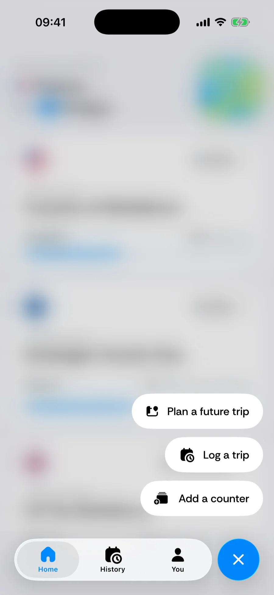 Bounded's quick-add menu open above the tab bar with the Add a counter, Log a trip, and Plan a future trip chips
