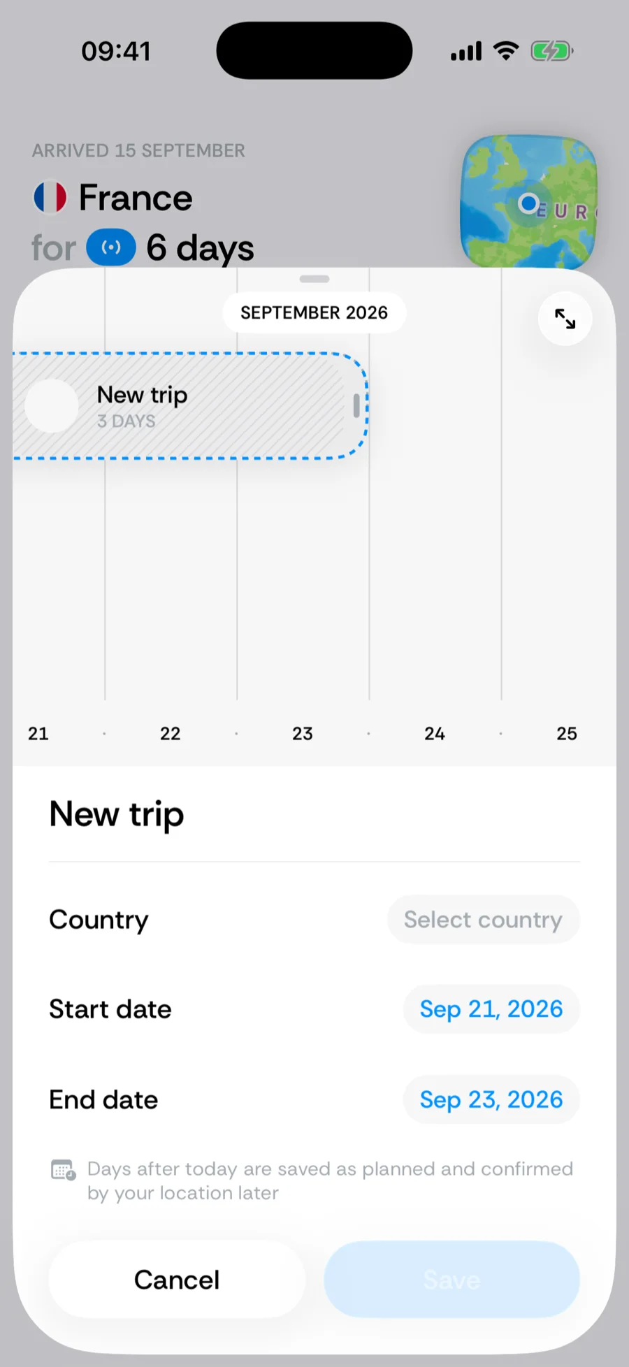 The New trip editor opened from Plan a future trip, with the draft starting tomorrow