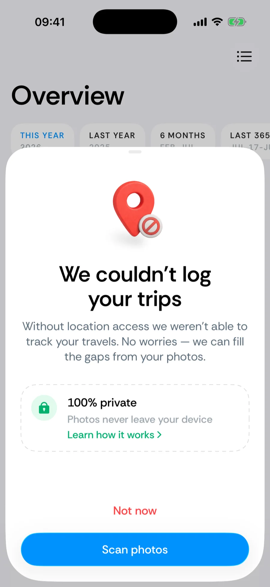 Bounded photo restore prompt explaining that photos never leave your device