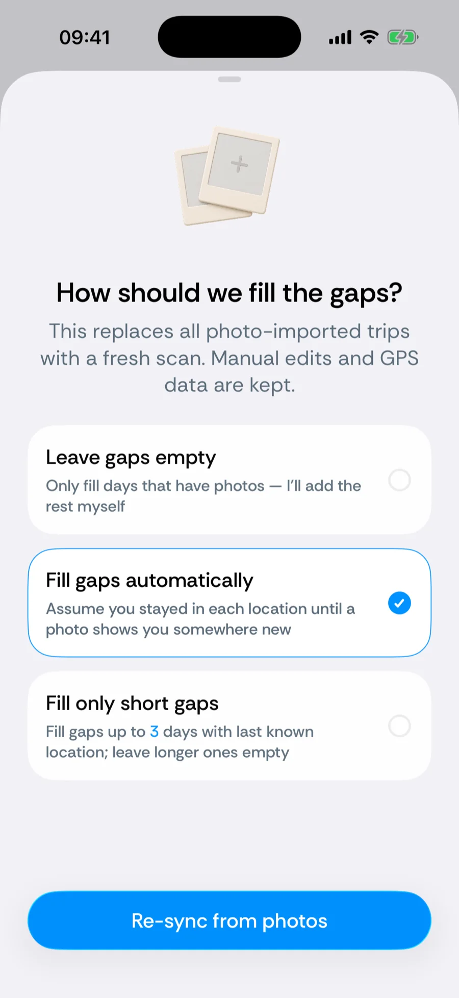 Bounded's re-sync sheet with three gap-filling options