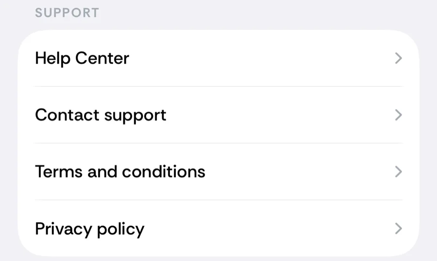 The Support section of Bounded's Settings with Help Center and Contact support rows