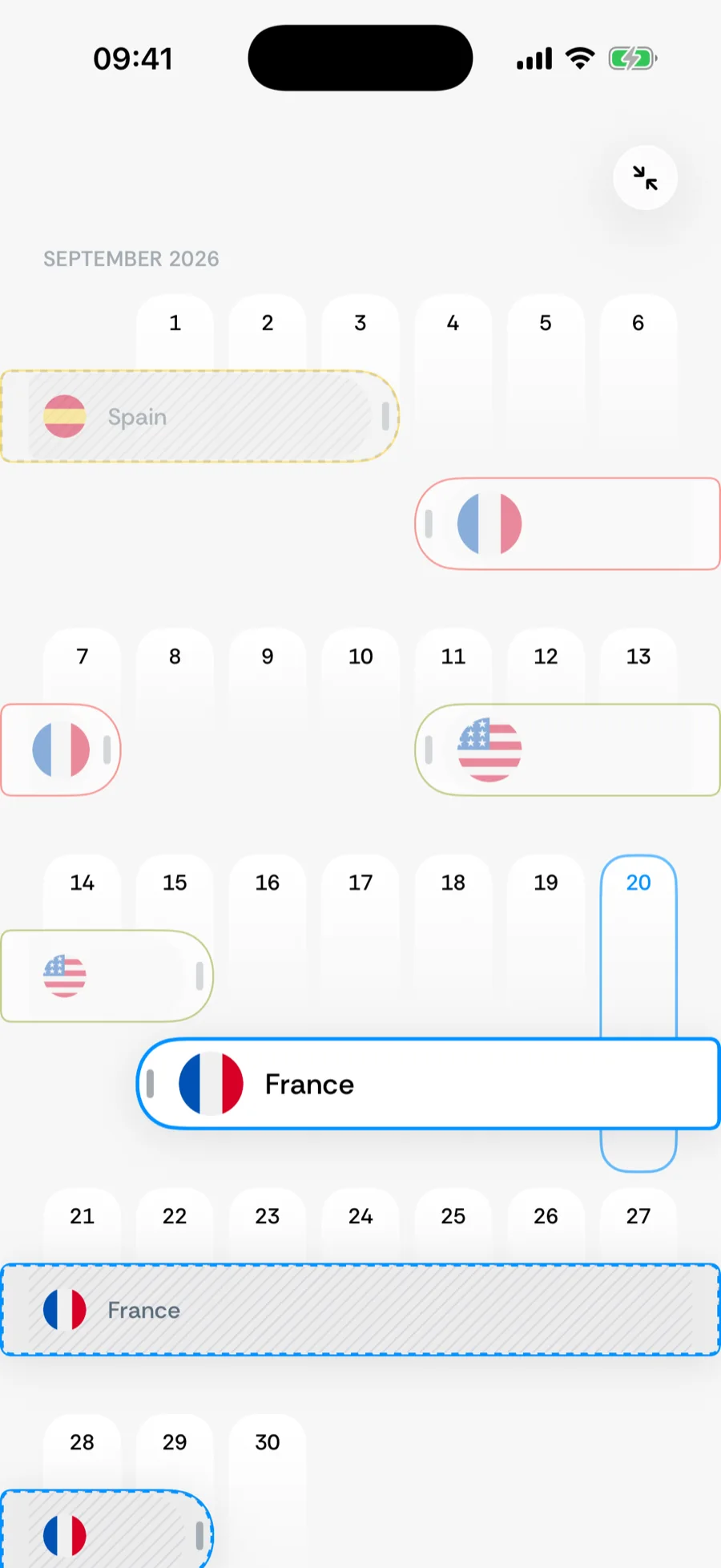 Bounded's expanded timeline calendar with months as rows and trips laid over the days in lanes