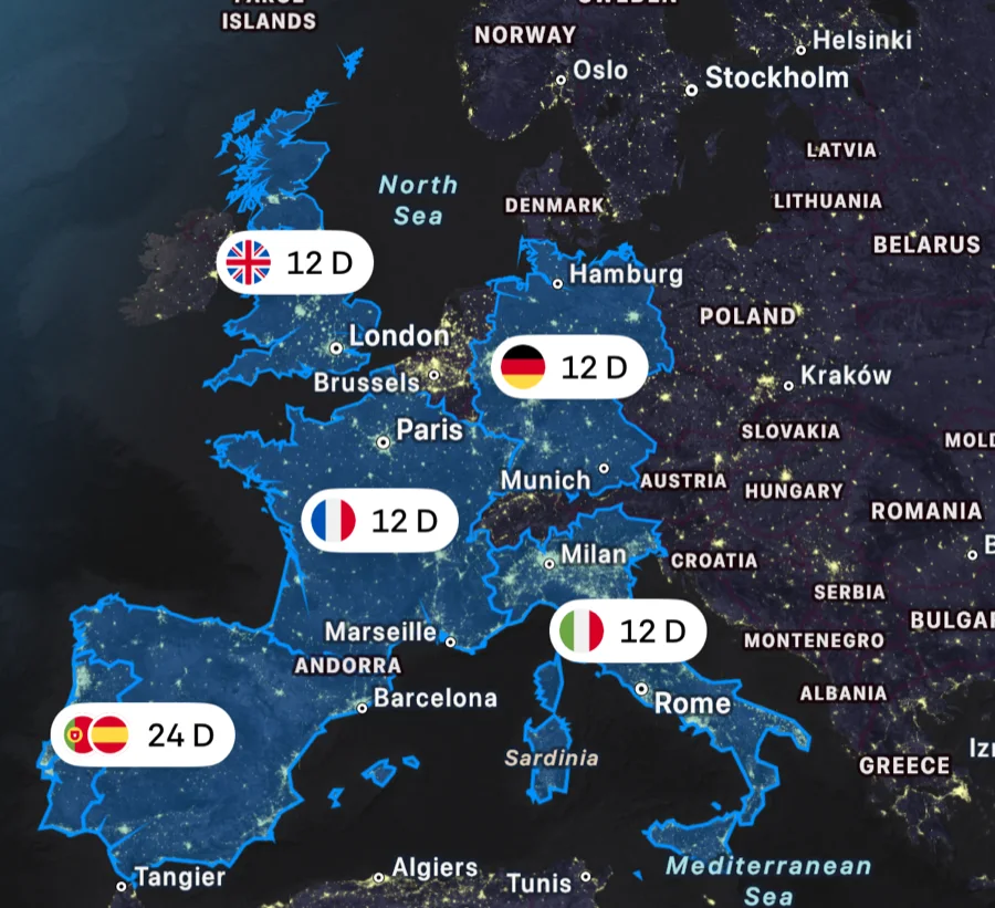 Europe on Bounded's travel map: per-country flag badges and a merged Spain and Portugal pile showing 24 D