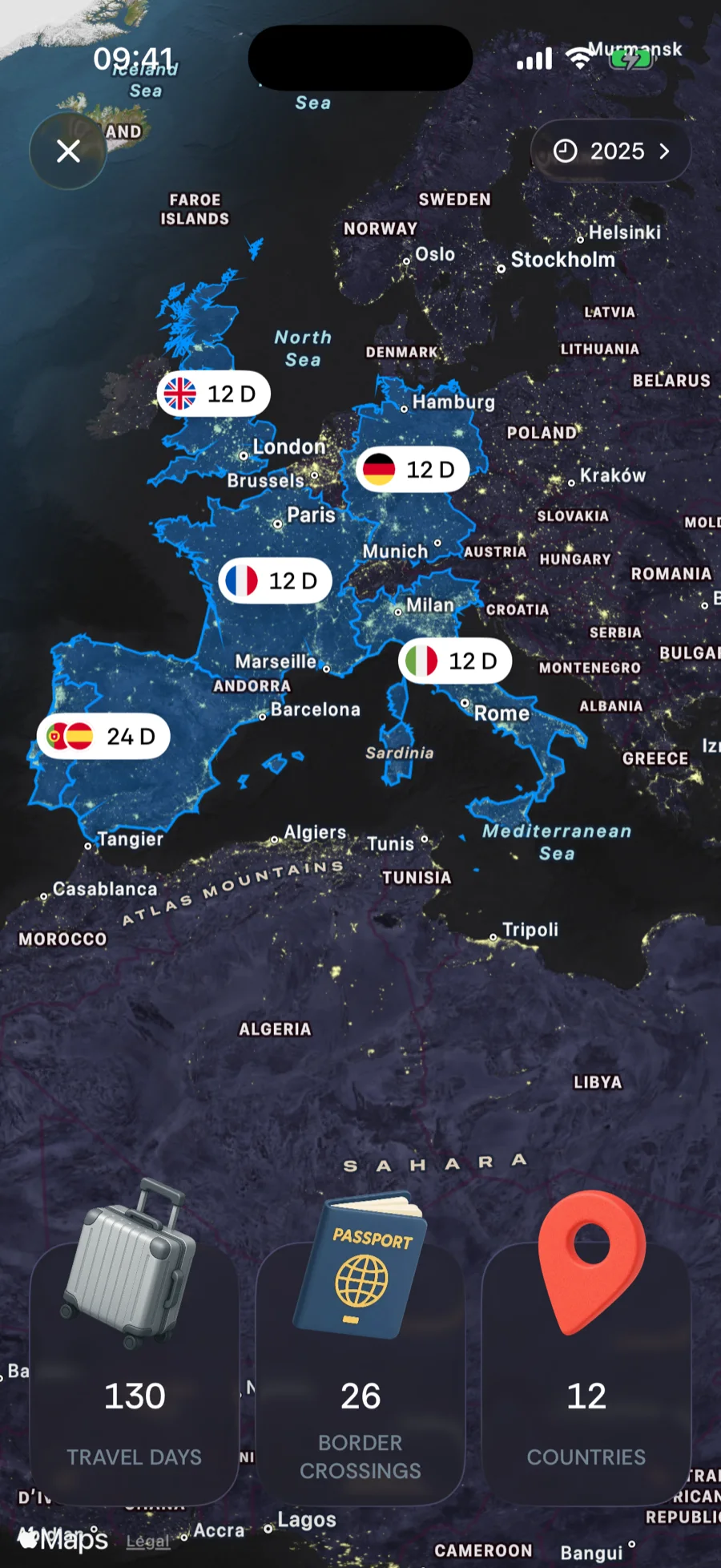 Bounded's full-screen travel map with visited countries shaded and flag badges showing day counts