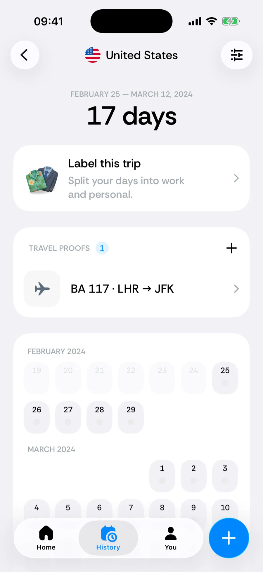 A trip in Bounded whose travel proofs list flights imported from Flighty