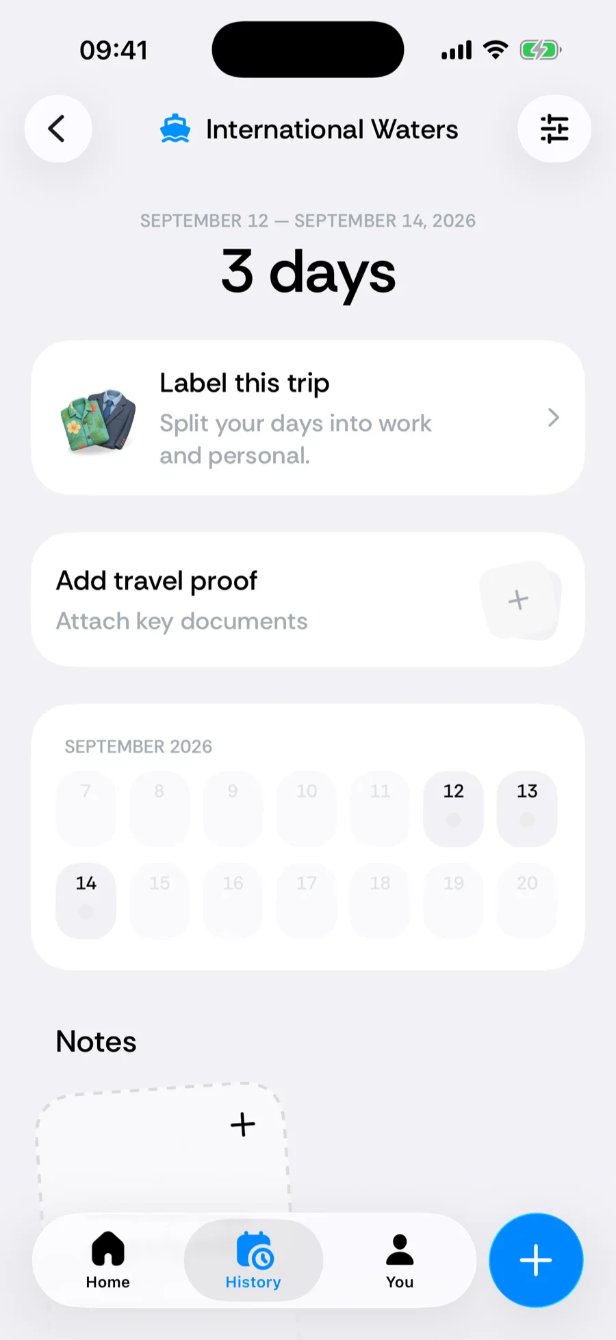 Bounded's trip detail for a stay in International Waters with the ship glyph and the trip's dates