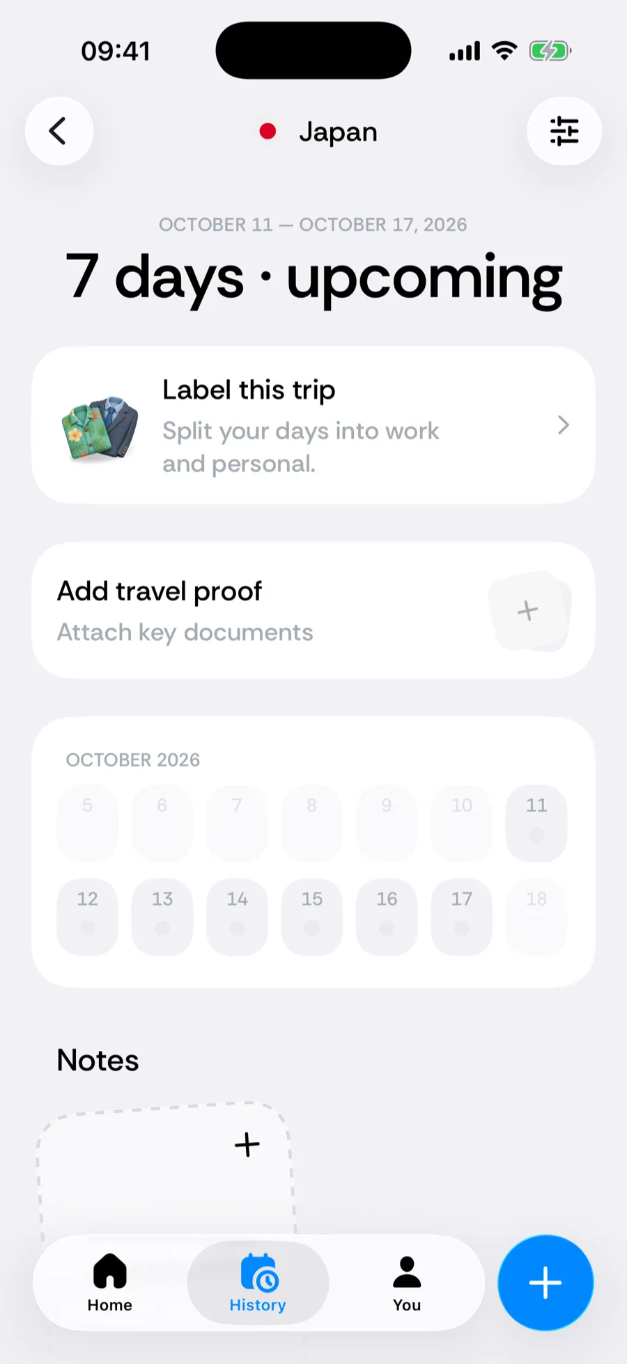Bounded's trip detail for an upcoming trip, showing the planned end as leaving and a date