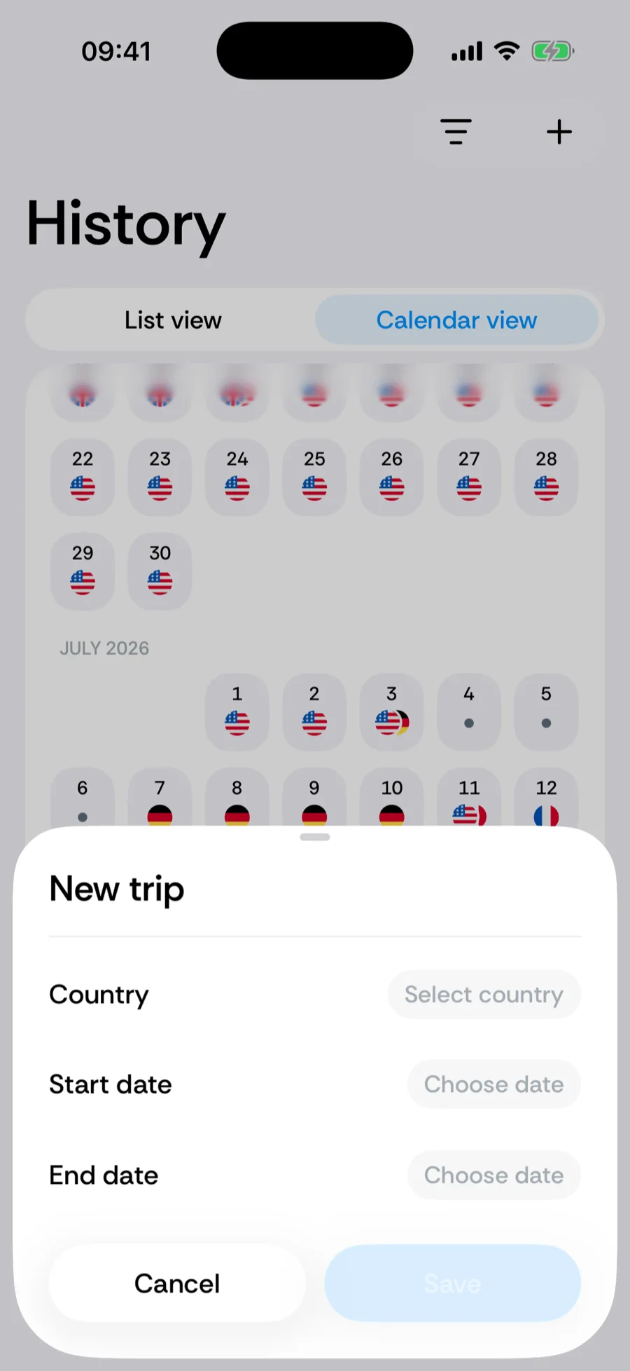 Bounded New trip sheet with country, dates, and save button