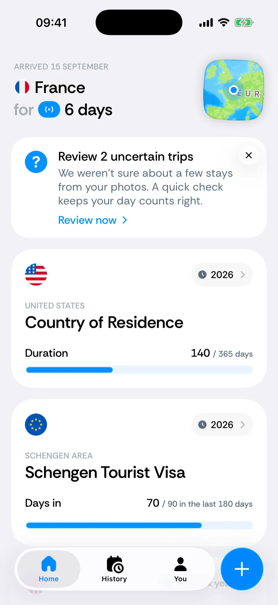 Bounded's Home tab with the Review uncertain trips banner and its × button above the counters