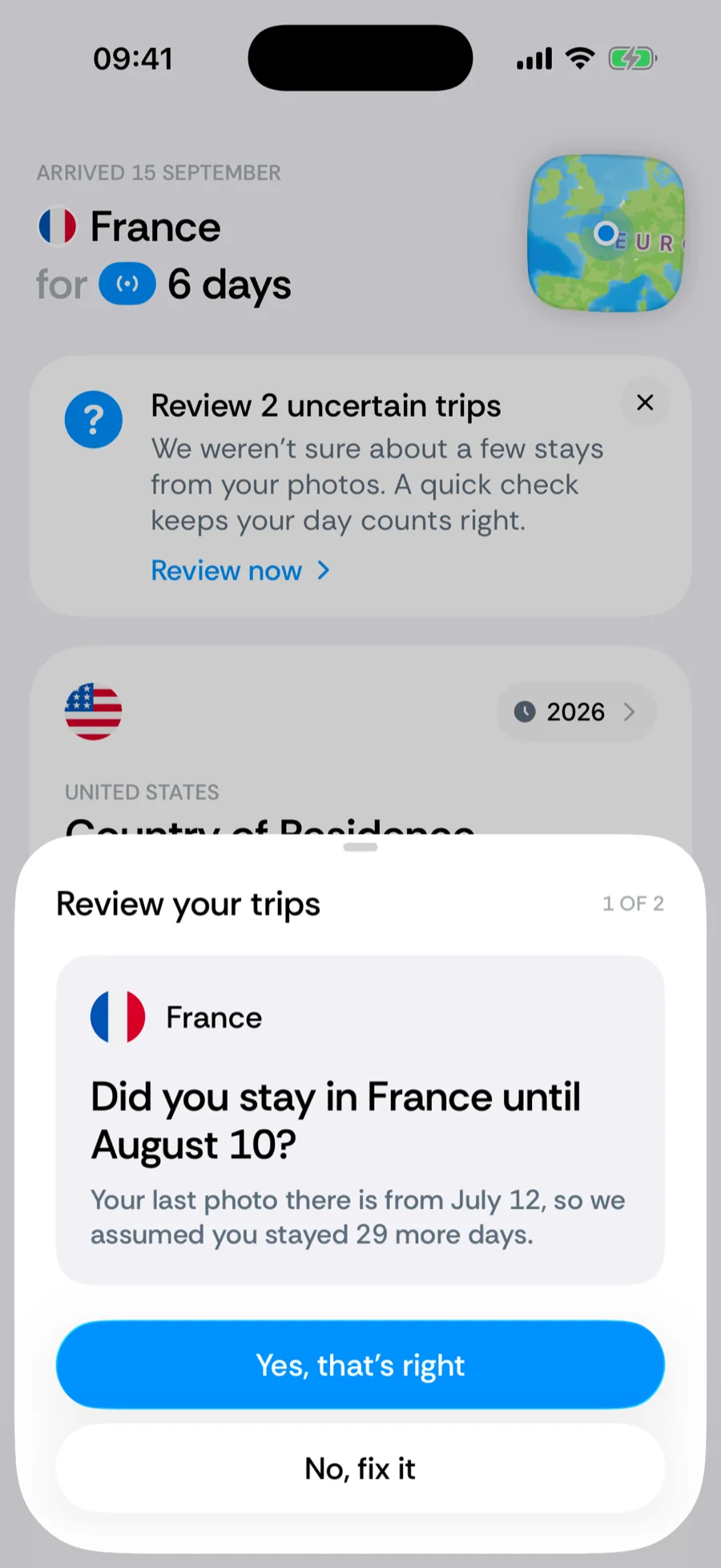 Bounded's Review your trips sheet asking Did you stay in a country until a date, with Yes, that's right and No, fix it buttons