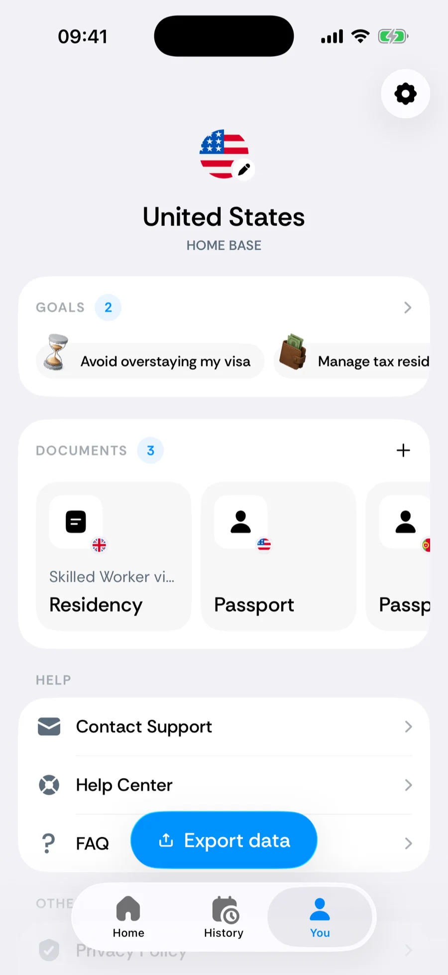 Bounded's You tab with the home base header, goals, and travel documents